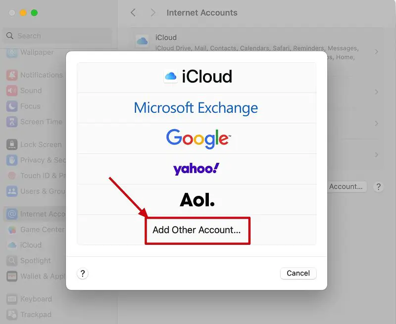 Bạn chọn Add Account và vào mục Add other account