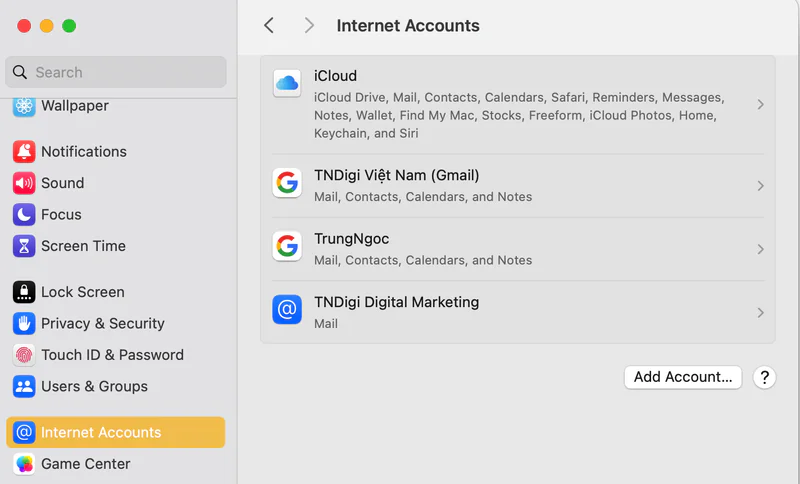 Bạn vào setting, chọn mục Internet Account