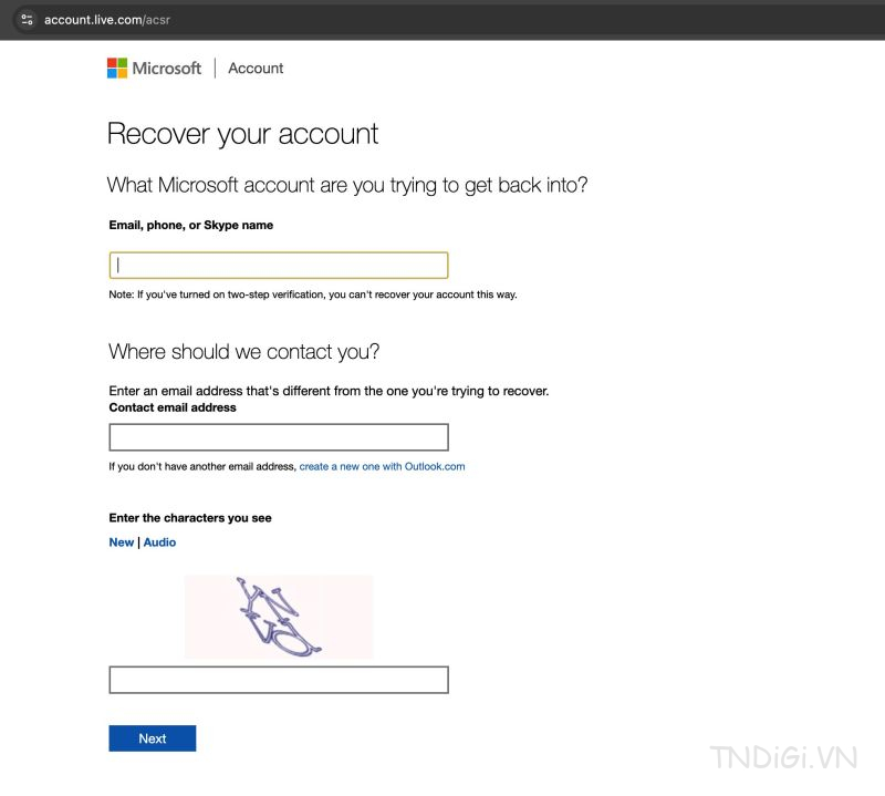 Biểu mẫu khôi phục tài khoản Microsoft