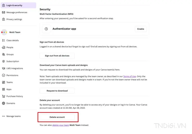 Cách xoá tài khoản Canva