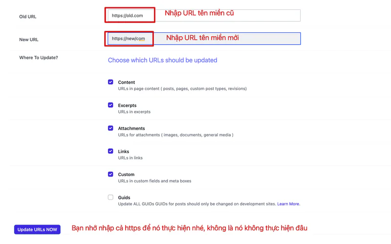 Cập nhật URL bằng plugin Update URLs