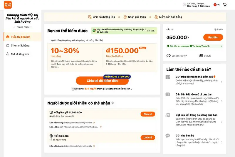 Chi tiết cách kiếm tiền từ Temu Affiliate