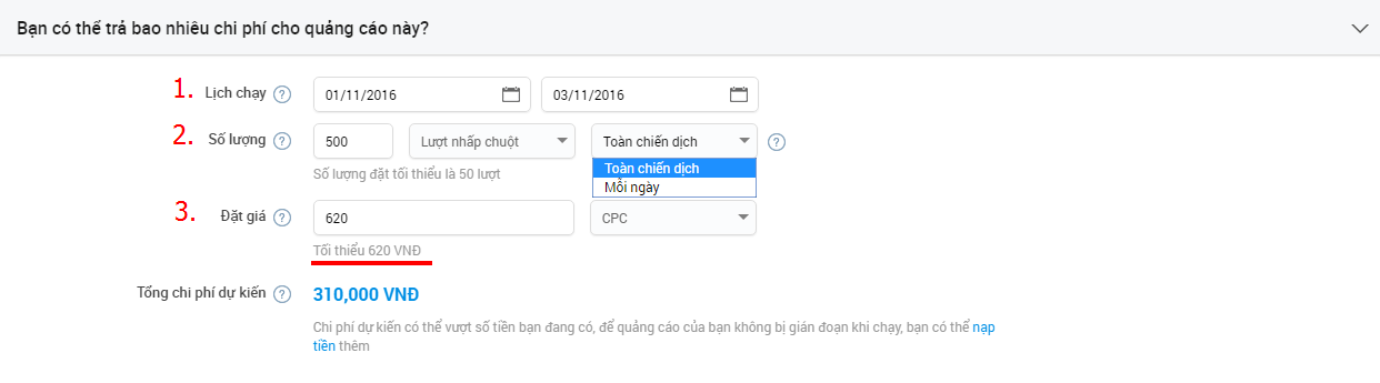 Chọn chi phí trả cho việc quảng cáo và lịch chạy