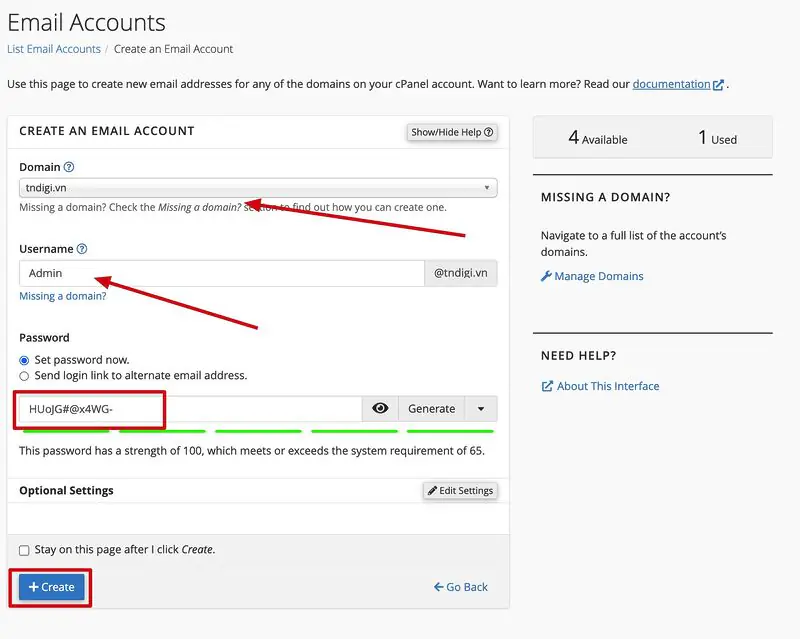 Điền thông tin để tạo tài khoản Email theo tên miền
