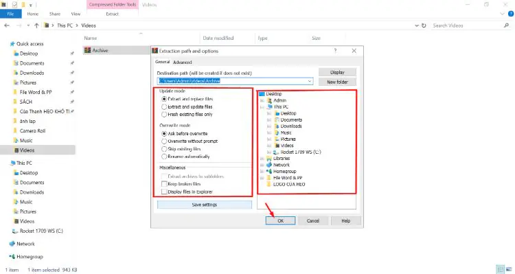 Extraction Path and options (Đường dẫn giải nén và tùy chọn)