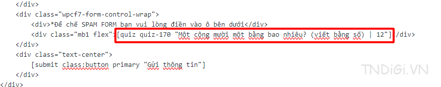 Kết quả khi thêm câu hỏi bảo mật trong contact form 7