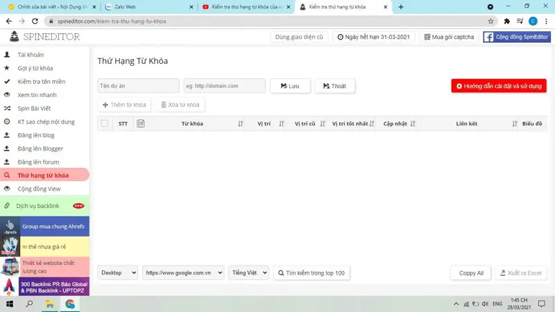 Kiểm tra thứ hạng từ khóa trên Google với Spineditor