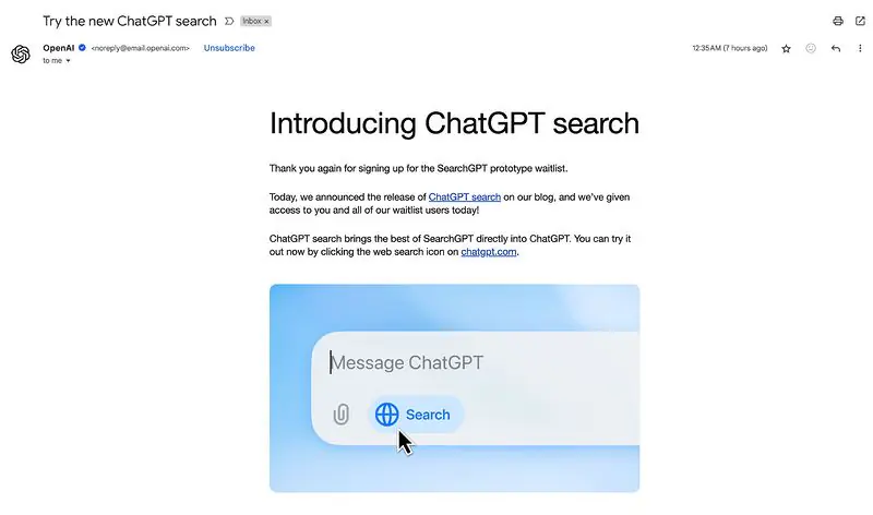 Mail thông báo trải nghiệm sử dụng Search GPT