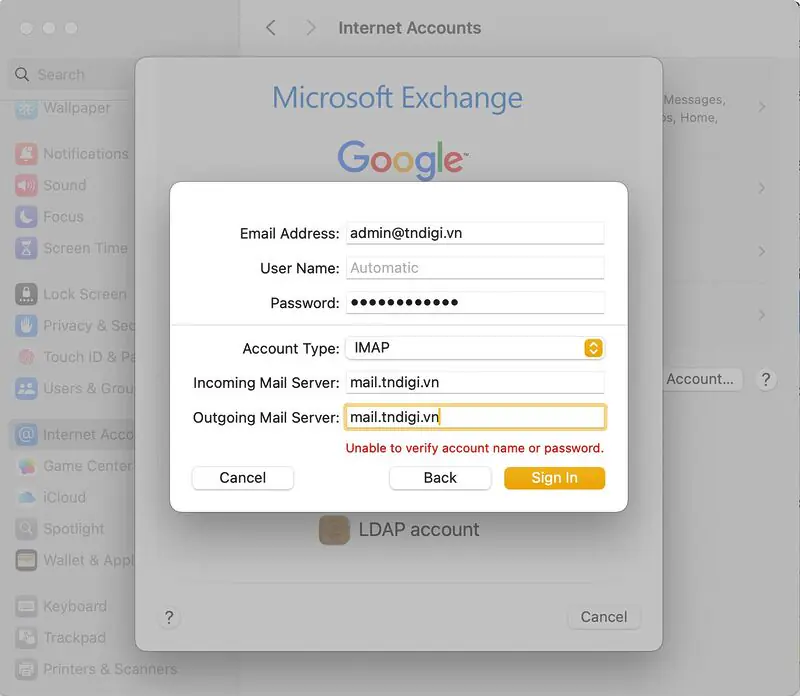 Nếu có báo lỗi như mình thì bạn điền thêm 2 dòng Incoming Server và Outgoing Server