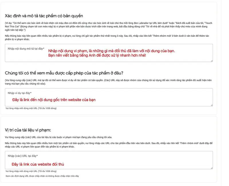 Những mục cần lưu ý khi khai báo với google khi bị đánh cắp nội dung