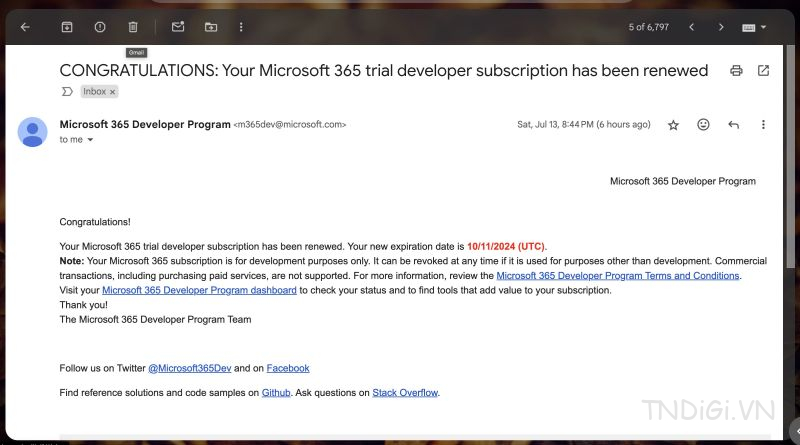 Office 365 for Developer thông báo Tự động gia hạn bản quyền sau 90 ngày