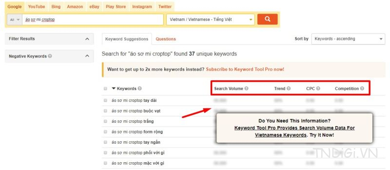 Sử dụng công cụ nghiên cứu từ khóa như Keywordtool.io, Keywordplanner (của Google), Ahref,… để bắt đầu tìm kiếm từ khóa mong muốn.