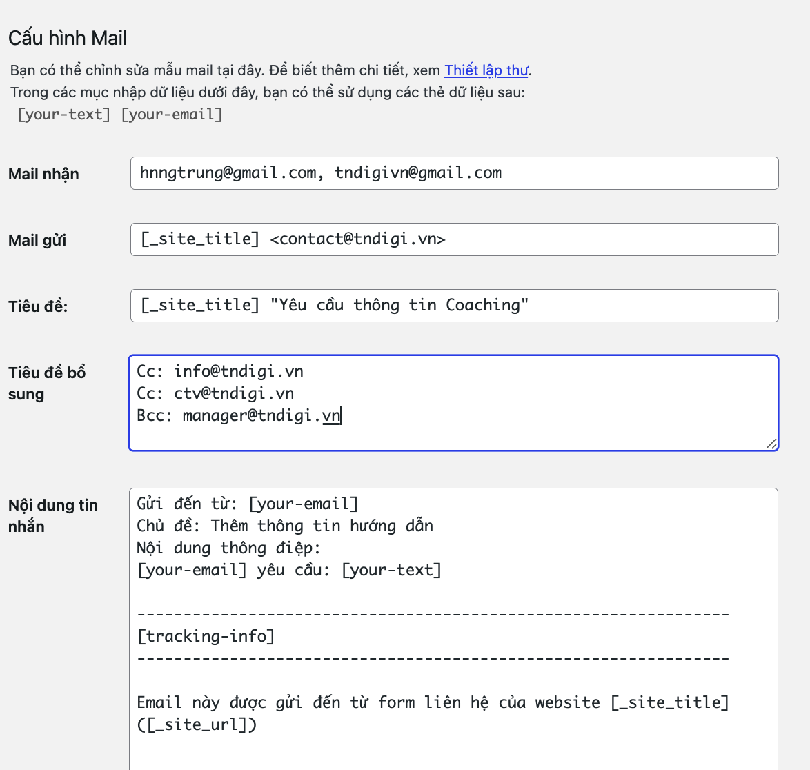 Thêm Mail Cc, Bcc vào cấu hình Mail trong Contact Form 7