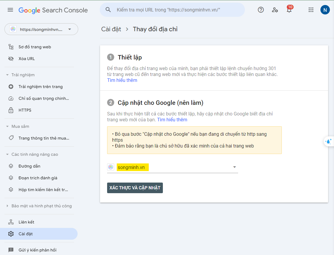Thông báo chuyển tên miền sang tên miền mới trong Google Search Console