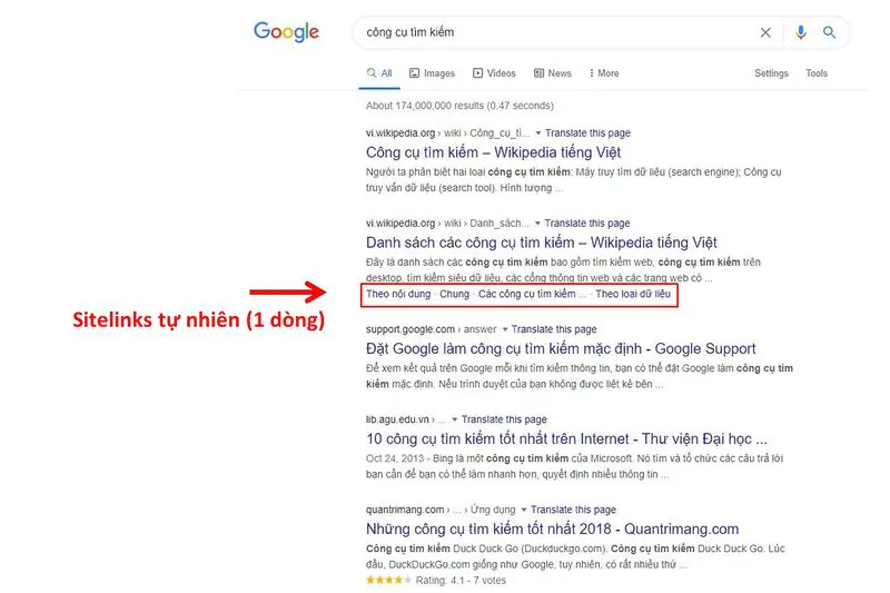 Tối ưu Sitelinks tự nhiên hiển thị dưới hình thức 1 dòng