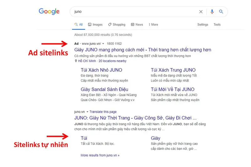 Tối ưu Sitelinks tự nhiên thường xuất hiện từ 2 đến 6 sitelinks