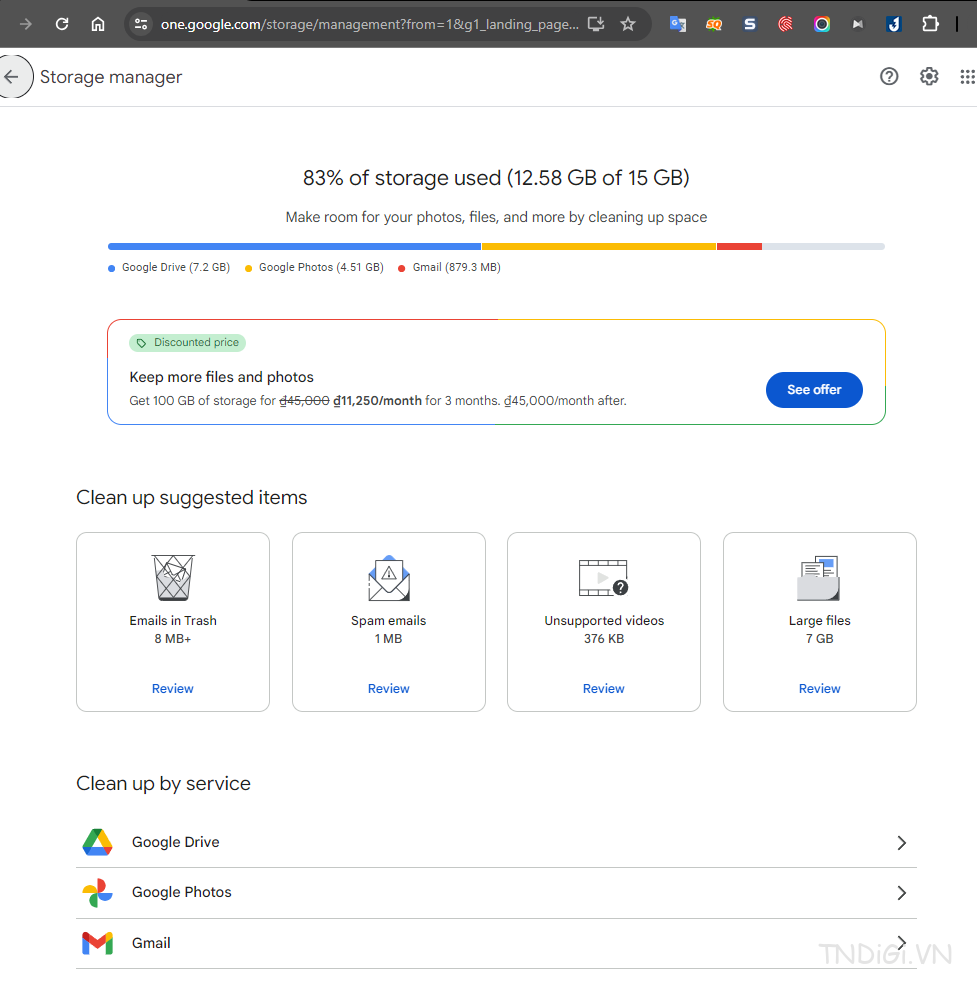 Truy cập vào Google One để kiểm tra xem đâu là dịch vụ đang chiếm dung lượng