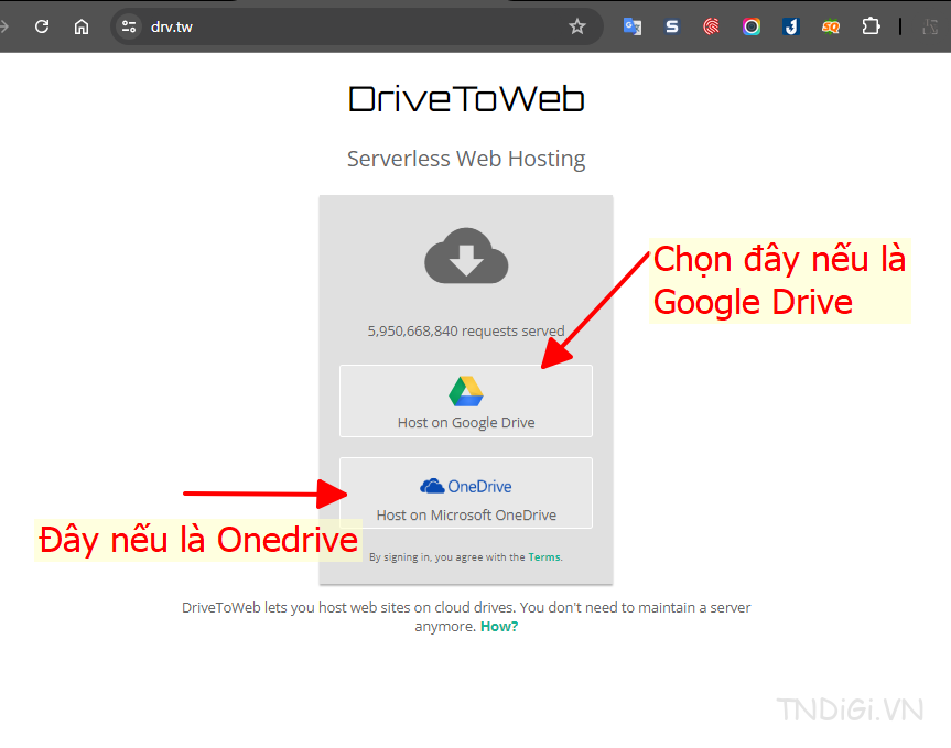 Truy cập vào drv.tw để tạo hosting miễn phí từ google hoặc microsoft