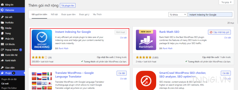 Cài đặt Plugin Instant index for Google