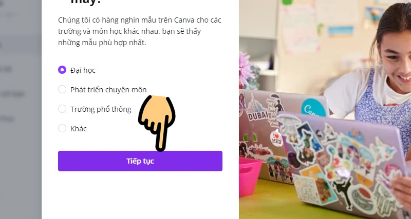 Bạn chọn mục đích sử dụng Canva (nhớ chọn Học sinh nhé)