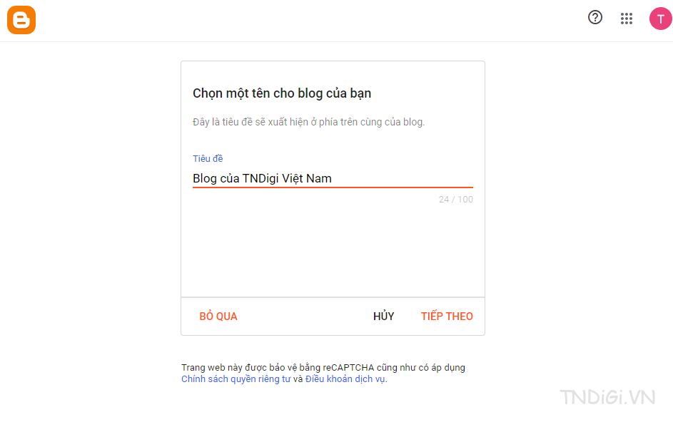 Bạn nhập tên Blog của bạn nhé