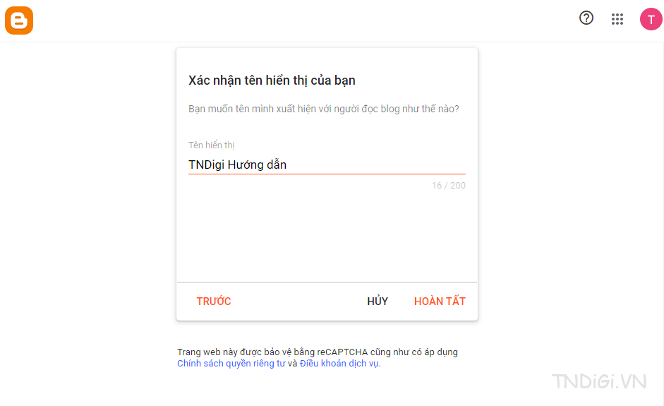 Nhập tên hiển thị của bạn (nếu là lần đầu tiên bạn tạo Blog)