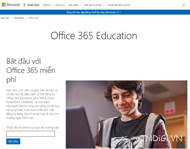 Trang chủ đăng ký Office 365 cho giáo dục