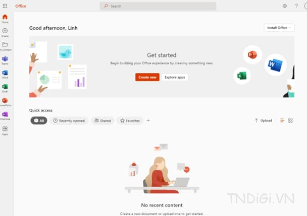Giao diện bộ công cụ khi bạn đăng nhập vào Office 365